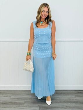 Light Blue Polka Dot Tank & Pleated Maxi Skirt Set